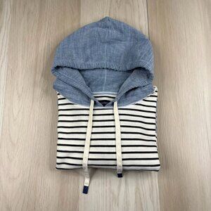 Anchor Mens White Ocean Striped Chambray Hood Kangaroo Pockets Hoodie X-Large